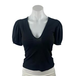 Zara Women's Black Ribbed Knit V-neck Short Puff Sleeve Crop Blouse Top Size S